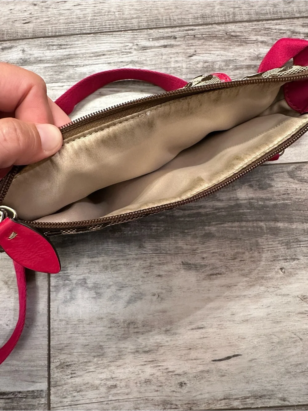 Coach Brown Signature Crossbody with Pink Trim and Strap